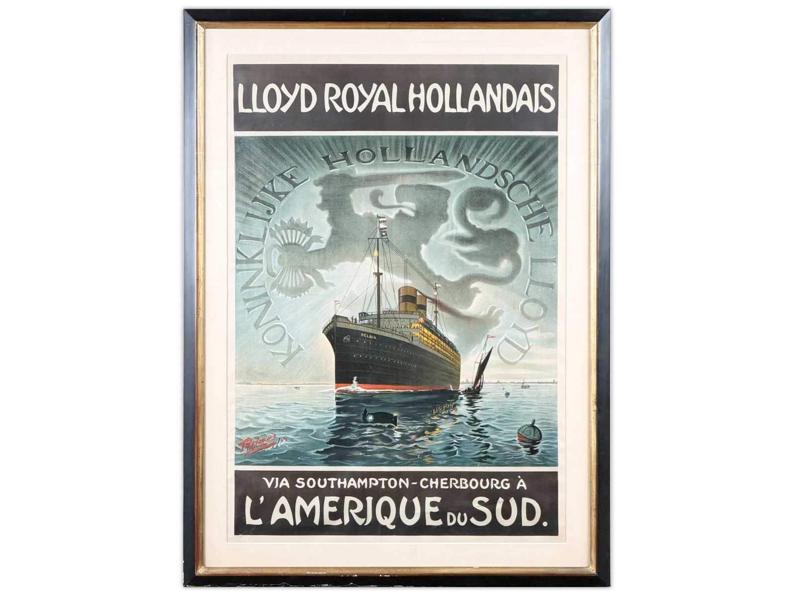 Royal Holland Lloyd S.S. Gelria Travel Poster: Royal Holland Lloyd travel poster promoting service "Via Southampton - Cherbourg a L'Amerique du Sud," featuring the S.S. Gelria depicted at sea beneath a dramatic, stylized sky. Artwork by Tiete van 