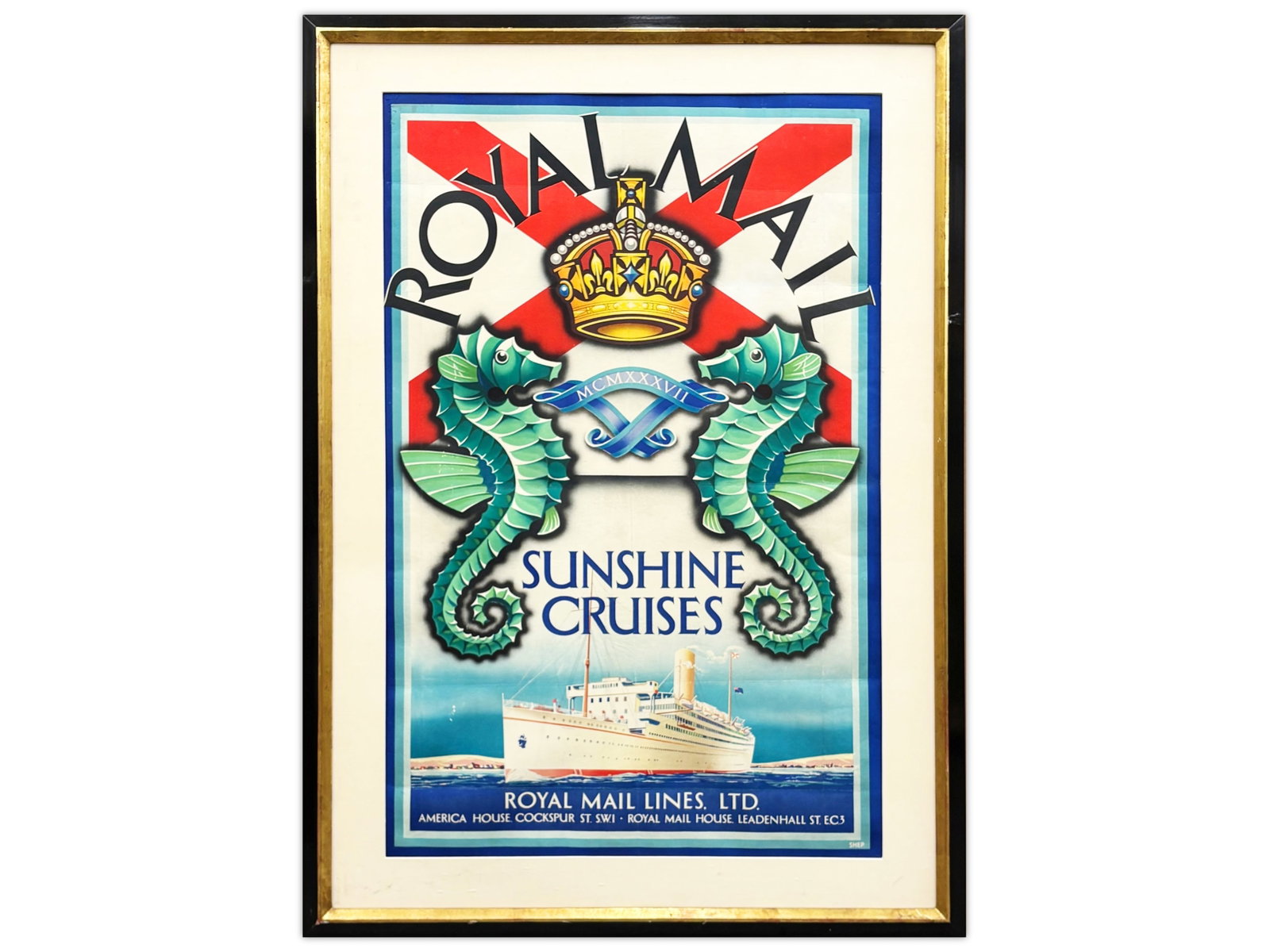 Royal Mail Sunshine Cruises Travel Poster, 1935: Royal Mail Lines "Sunshine Cruises" travel poster, artwork by Shep, circa 1935. Vibrant Art Deco design featuring heraldic imagery with seahorses, crown, and ocean liner below, promoting luxury cruise