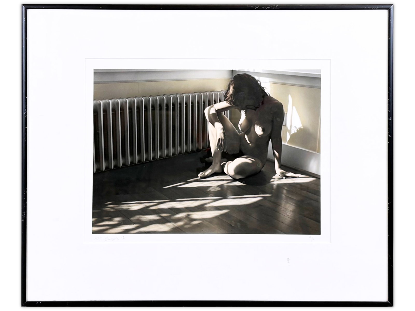 Michael Gesinger Signed Photo, "Nude & Radiator": Michael Gesinger (American, 20th Century). Artist proof, hand colored gelatin silver print, "Nude and Radiator, Sun and Shadows", 1991. Signed and dated lower left under the image, and notated "A.P" l