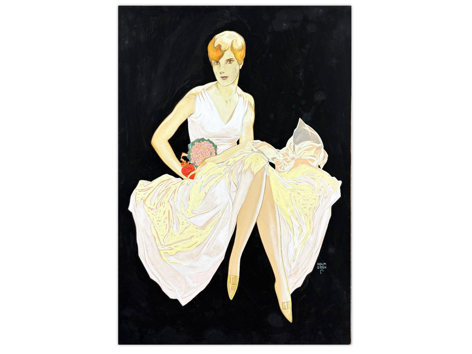 R. John Holmgren, Original Illustration: R. John Holmgren (American, 1897-1963) figural illustration on paper, laid on board, depicting a seated female figure in a flowing dress against a dark background, holding a bouquet with a red heart-s