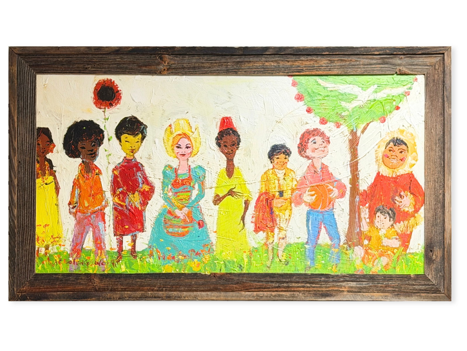 Alvin Carl Hollingsworth, "Group of Children" Oil: Alvin Carl Hollingsworth (American, 1928-2000) oil on masonite depicting a lively figural scene of stylized children and figures gathered outdoors, rendered in a bold, expressive palette with thick im