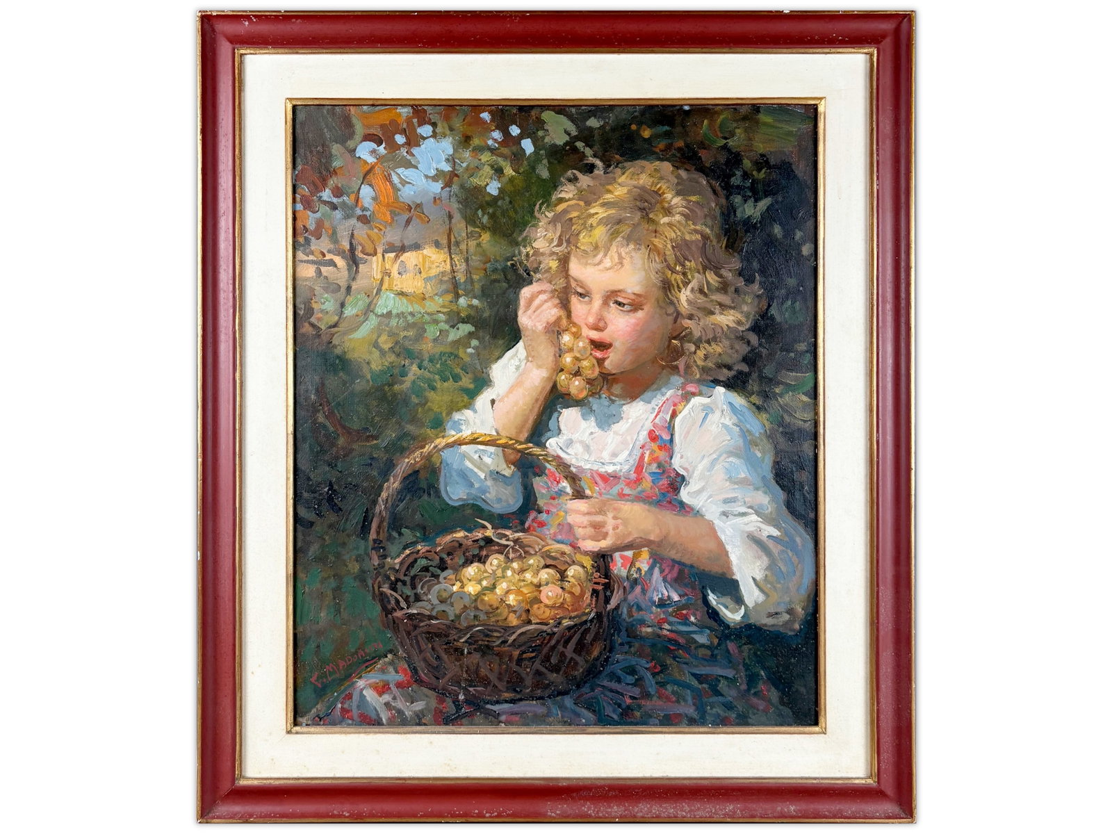 Giovanni Madonini, Girl with Grapes, Oil on Canvas: Giovanni Madonini (Italian, 1915-2001) oil on canvas depicting a young child seated outdoors enjoying grapes from a basket, rendered in a warm, impressionistic style with rich brushwork and vibrant
