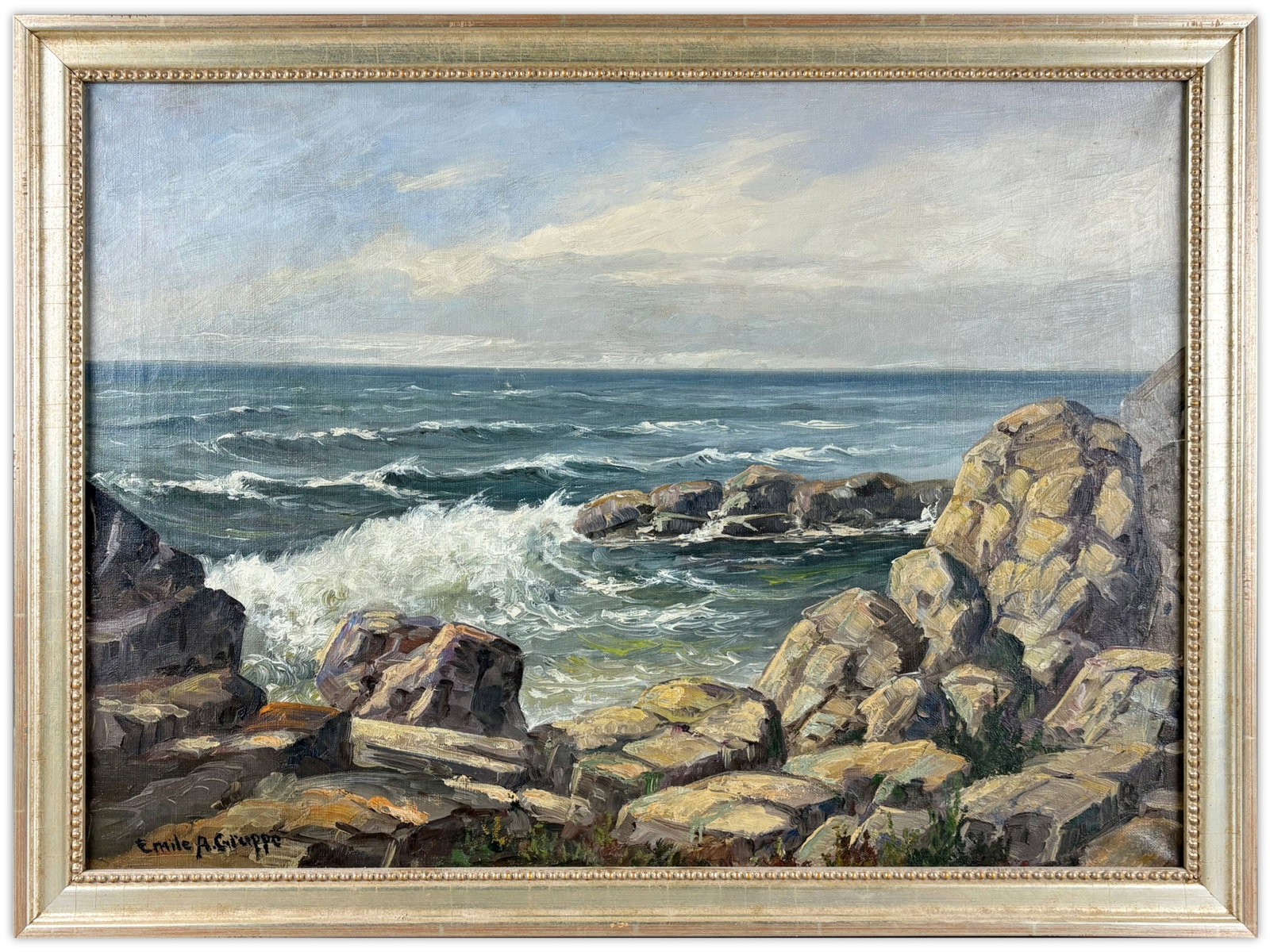 Emile Albert Gruppe, Coastal Seascape Oil: Emile Albert Gruppe (American, 1896-1978) oil on canvas depicting a dynamic coastal seascape with waves crashing against rocky shoreline formations under a softly clouded sky. Executed in Gruppe?s cha
