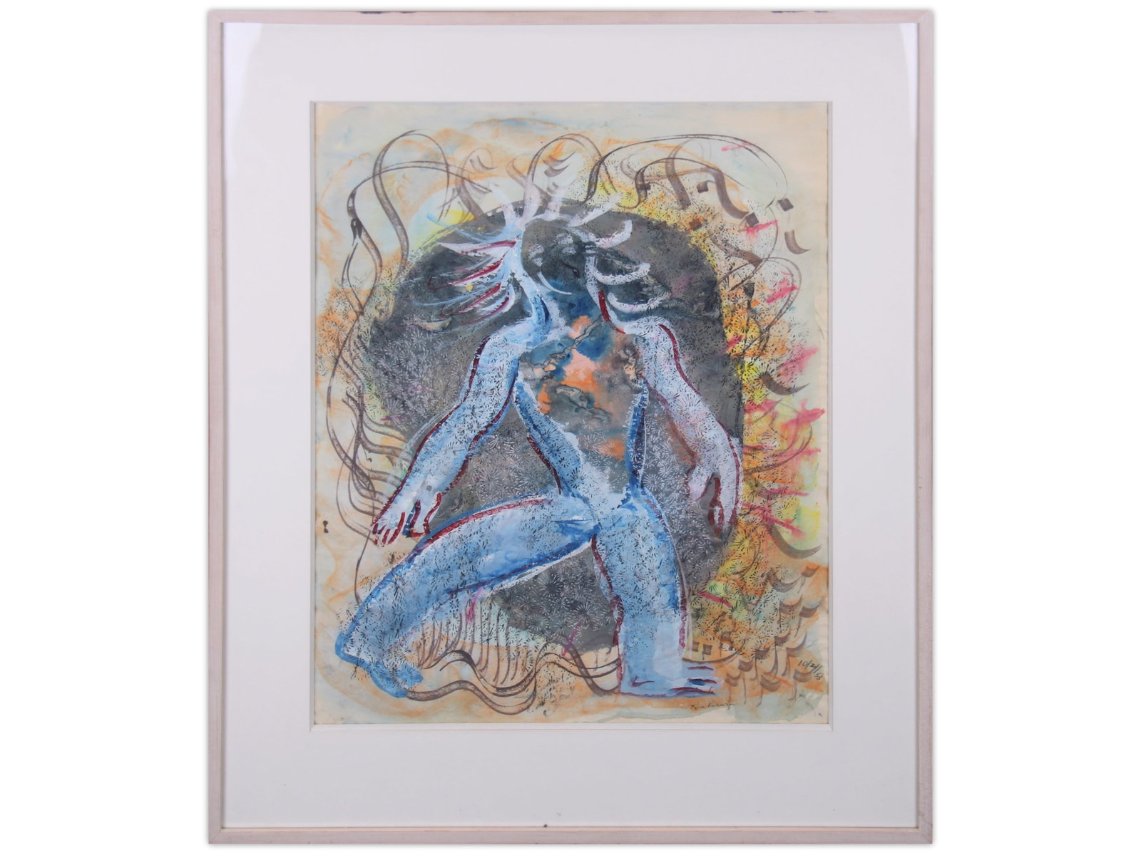 Irene Rice Pereira, Watercolor on Paper, Signed: Offered is a watercolor on paper by Irene Rice Pereira (American, 1902-1971). Untitled. Signed lower edge and dated lower right 10/21/53. Image depicts a "bluish figure". Sight seen approx. 18" x 23",