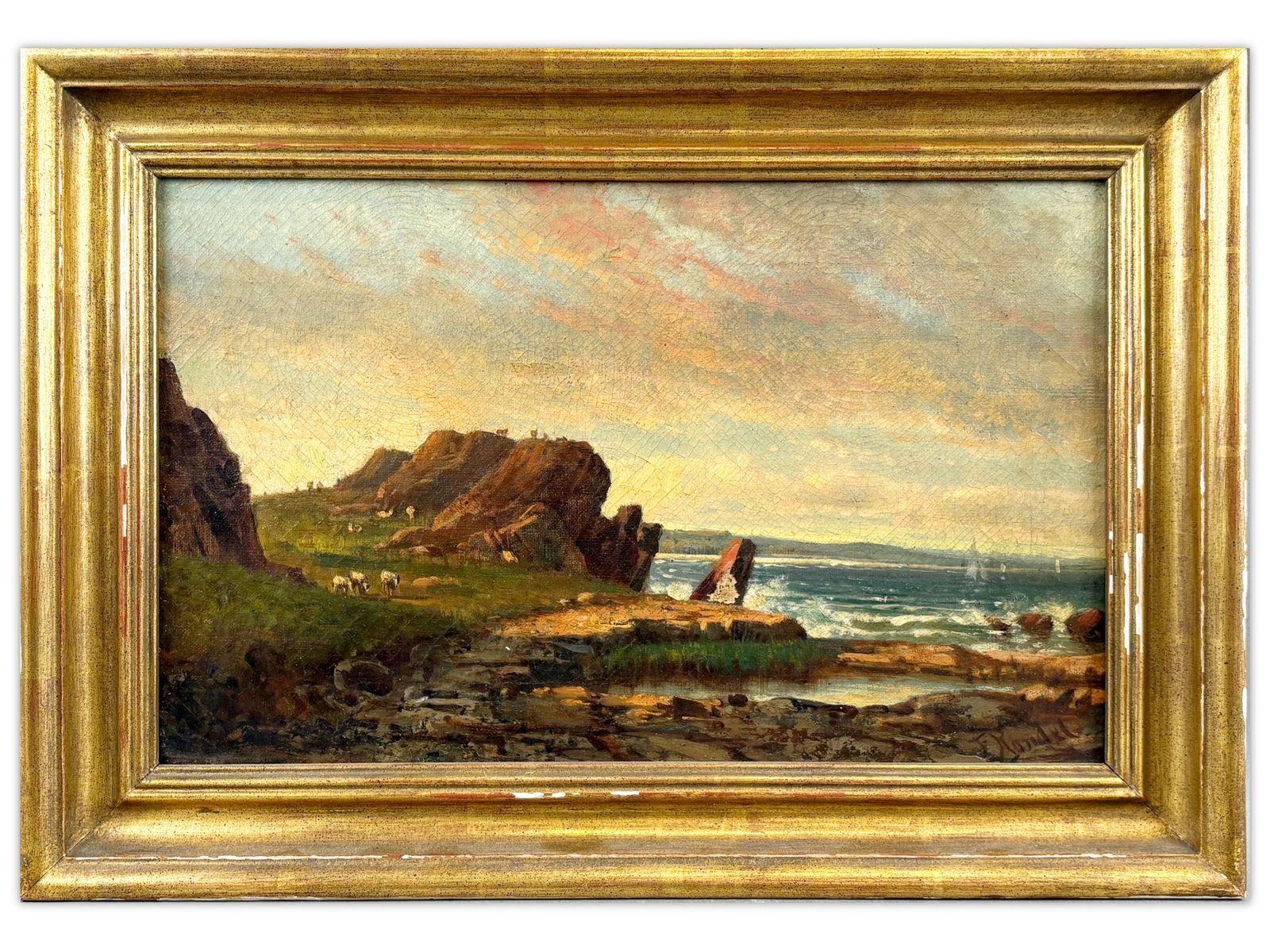 Frederic (Frederick) Rondel Sr. Oil on Canvas: 9 1/2" x 15 1/2" Signed lower right. 1/2" paint loss and thin spot in Rock at center area of painting. Easily Restored. This lot is being offered on behalf of the New York County Public Administrators