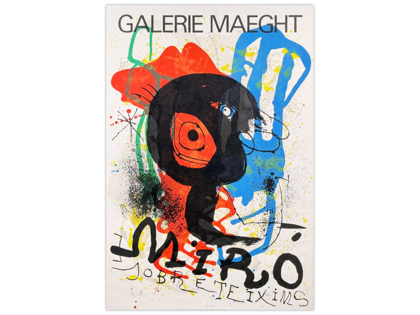 Joan Miro, "Sobreteixims", Lithograph in Colors: Joan Miro (1893-1983). Galerie Maeght Exhibition Poster. Lithograph in colors. Overall size approx. 22" x 33". Shows some edge and corner wear, and light surface creases. Shipping: Weiss Auctions offe