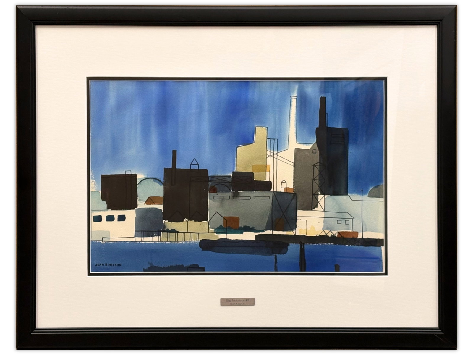 Jean R. Nelson, "Blue Industrial #1" Watercolor: Watercolor on paper by Jean R. Nelson, titled "Blue Industrial #1", unknown date. Signed lower left. Sight size seen approx. 21" x 13", overall frame size approx. 32" x 24". NOTE: This is a large