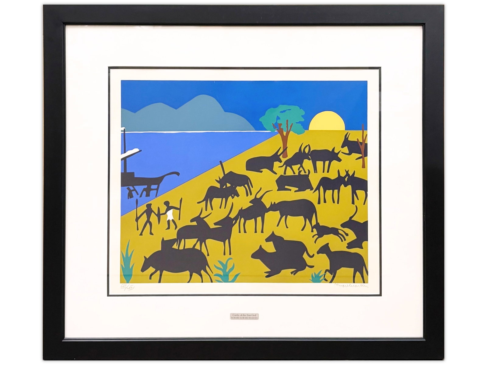Romare Bearden, Screenprint "Cattle of Sun God": Screenprint in colors by Romare Howard Bearden (American 1911-1988), titled "Cattle of the Sun God", circa 1979. Pencil signed lower right, and numbered lower left LVII/LXXV. Sight size seen approx. 2