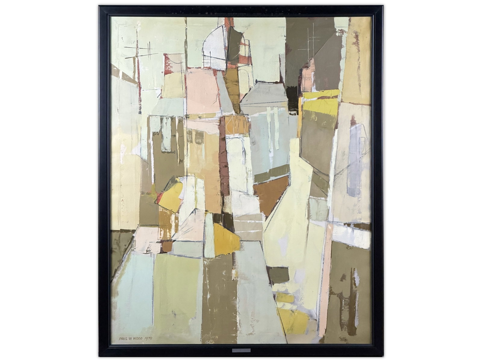 Paul W. Wood, Oil on Canvas, "Lower Town III": Oil on canvas by Paul Winthrop Wood (1922-2003), titled "Lower Town III". Signed lower left and dated 1970. Sight seen approx. 35" x 45", overall frame size approx. 38-1/2" x 48". There are a few smal