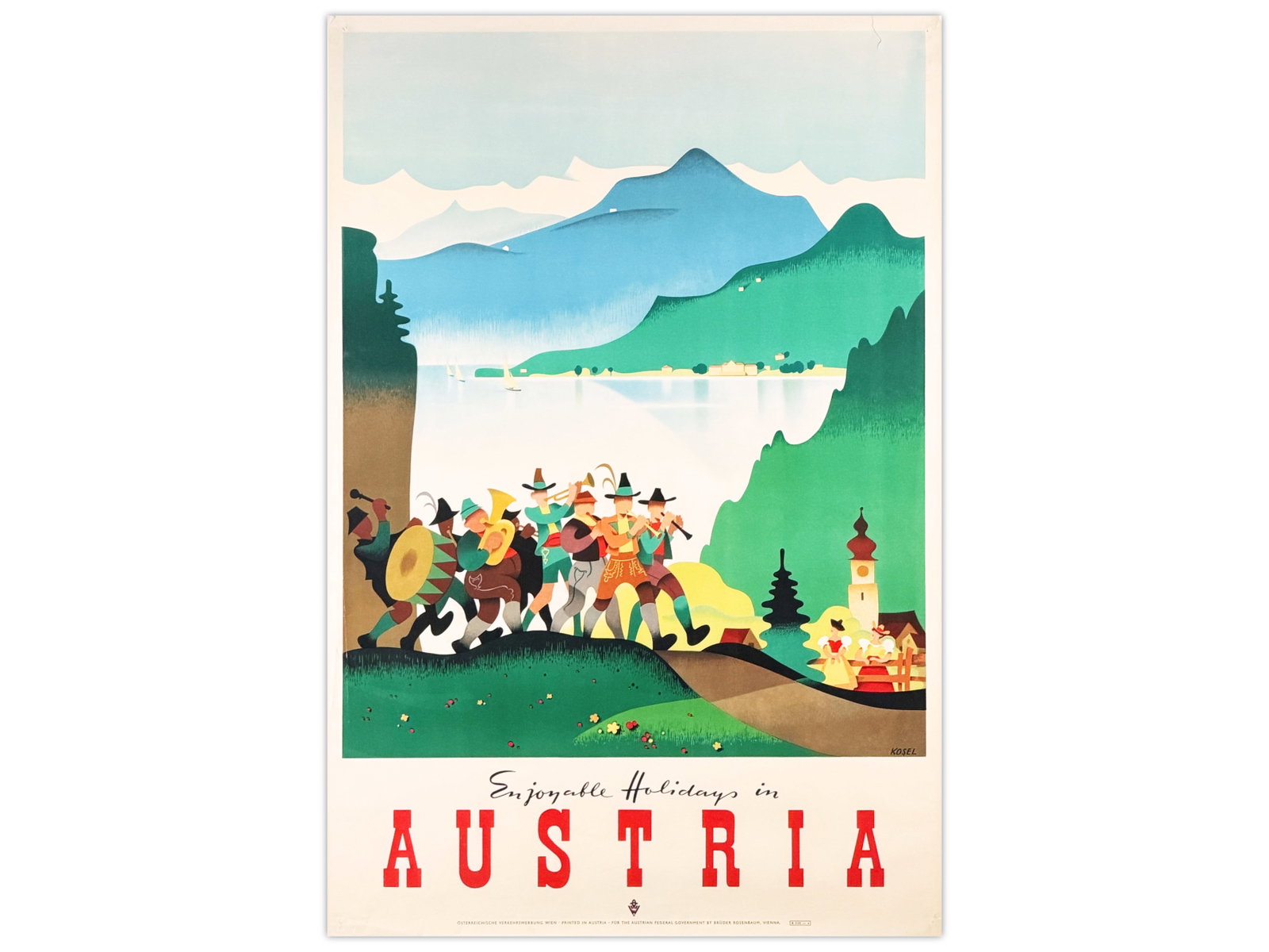 "Enjoyable Holidays In Austria" Travel Poster: Vintage Austrian travel poster titled ?Enjoyable Holidays in Austria,? featuring a stylized alpine landscape with musicians in traditional dress in the foreground and a scenic lake and mountain backdr
