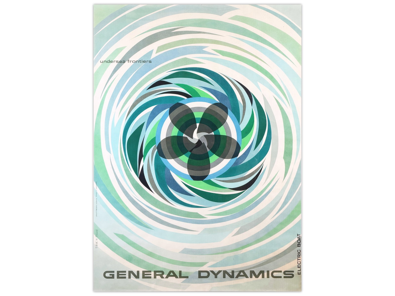 General Dynamics Undersea Frontiers Poster by Erik: Vintage General Dynamics poster designed by Erik Nitsche, one of the most influential modernist graphic designers of the mid-20th century. Titled "Undersea Frontiers - Electric Boat," the design featu