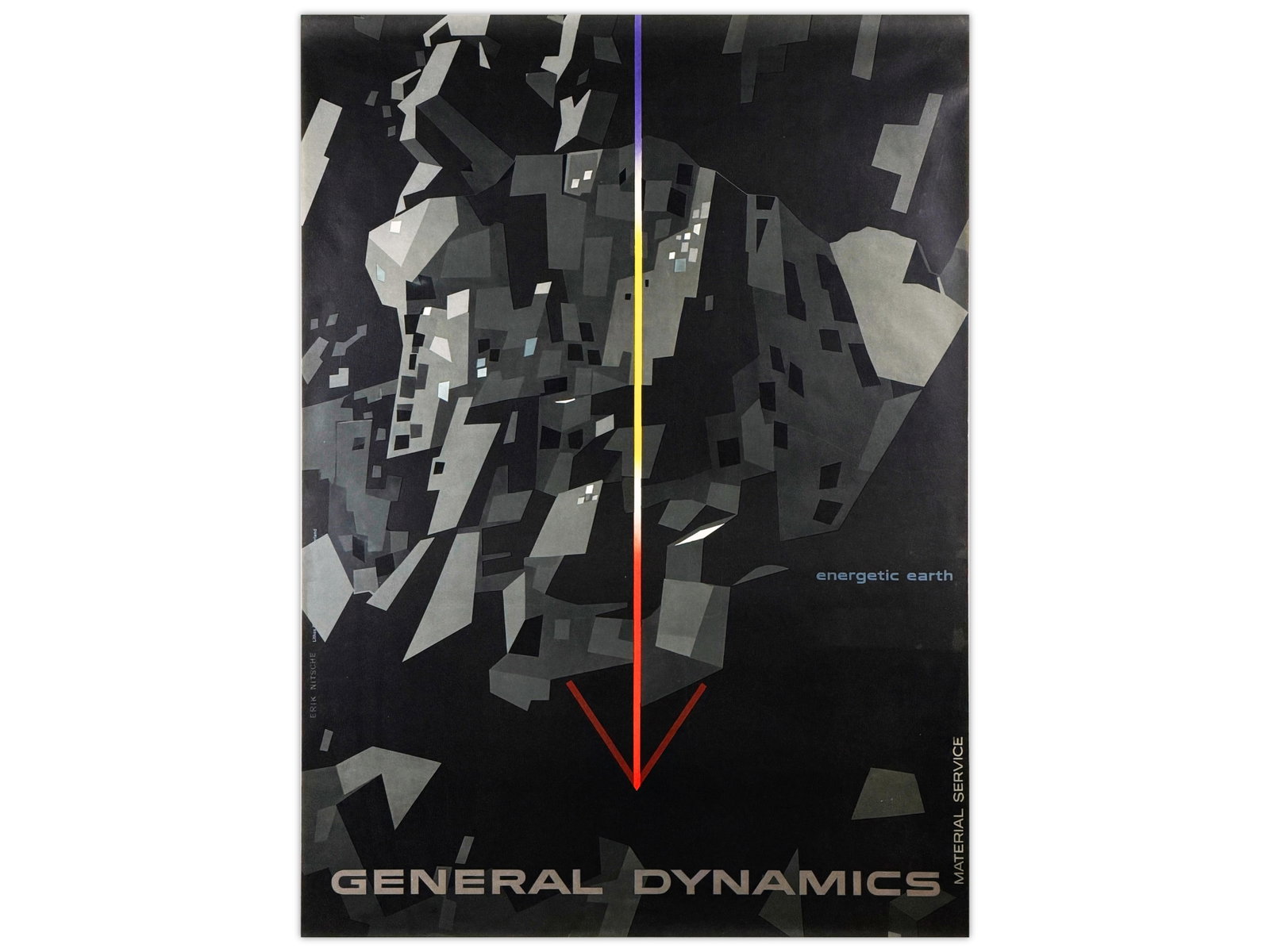 General Dynamics Energetic Earth Poster by Erik Ni: Vintage General Dynamics poster designed by Erik Nitsche, one of the most influential modernist graphic designers of the mid-20th century. Titled "Energetic Earth - Material Service," the design featu