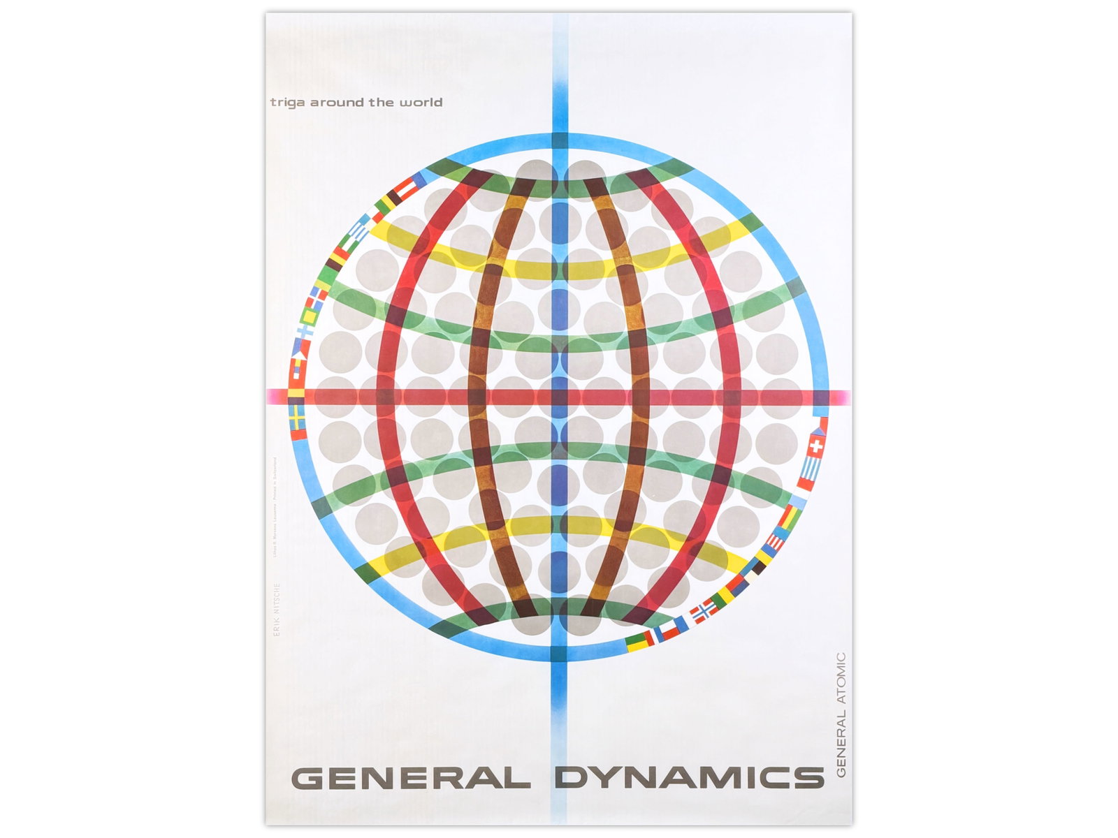 General Dynamics Triga Around The World Poster by: Vintage General Dynamics poster designed by Erik Nitsche, one of the most influential modernist graphic designers of the mid-20th century. Titled "Triga Around the World - General Atomic," the design 
