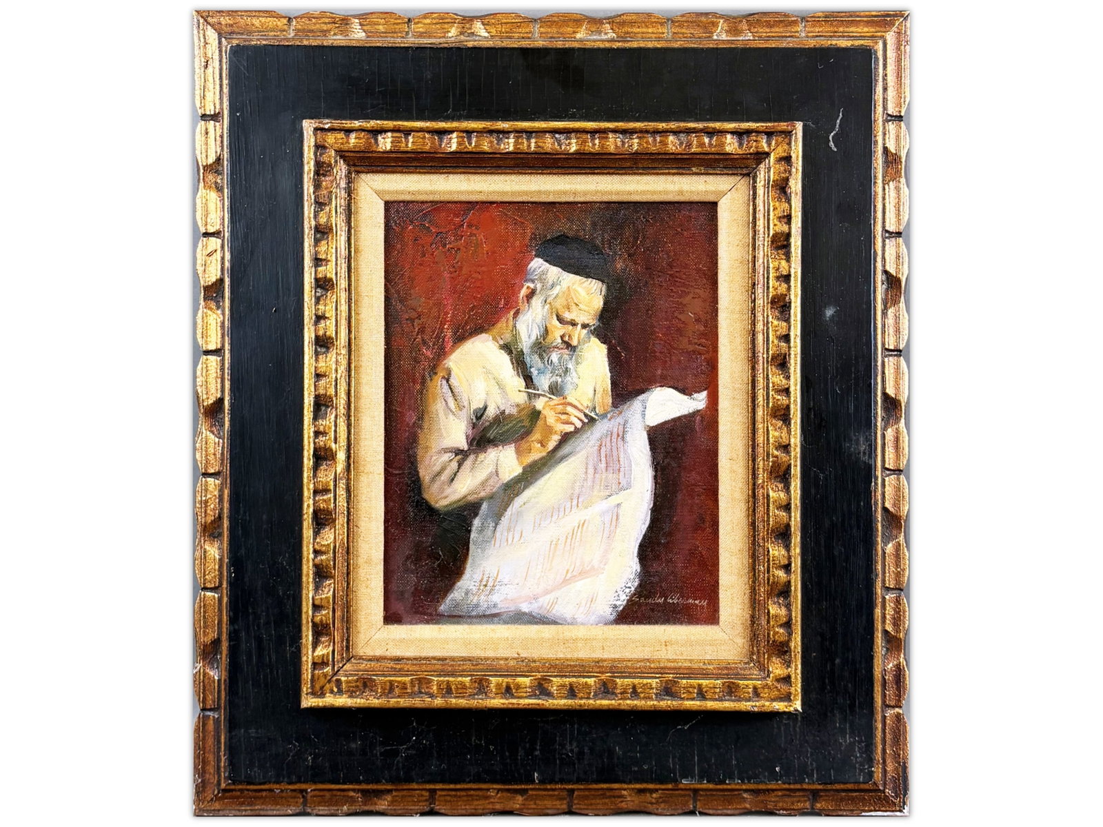 Sandu Liberman, Signed Oil on Canvas: Oil on canvas painting by Sandu Liberman (1923-1977) depicting a scholarly bearded figure reading or studying a large manuscript. Signed lower right. Sight seen approx. 7-1/2" x 9-1/2", overall frame 