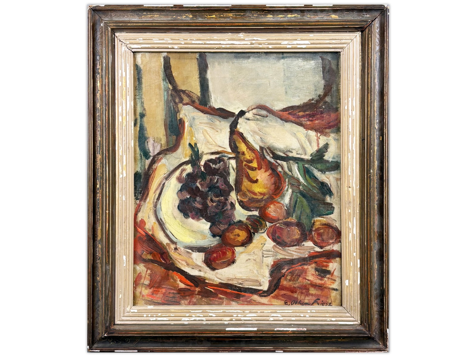 Achille-Emile Othon Friesz, "Still Life" O/C: Oil on canvas still life painting by Achille-Emile Othon Friesz (1879-1949), depicting fruit and a vessel arranged upon draped fabric in an expressive modernist composition. Signed lower right. Retain