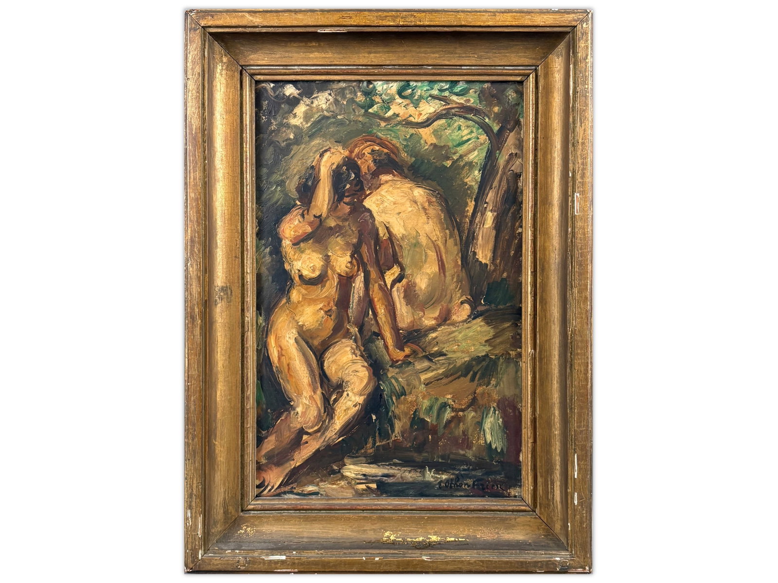 Achille-Emile Othon Friesz, O/C "Nudes": Oil on canvas figural painting by Achille-Emile Othon Friesz (1879-1949) depicting a nude female figure seated along side another nude within a wooded landscape setting. Executed in an expressive