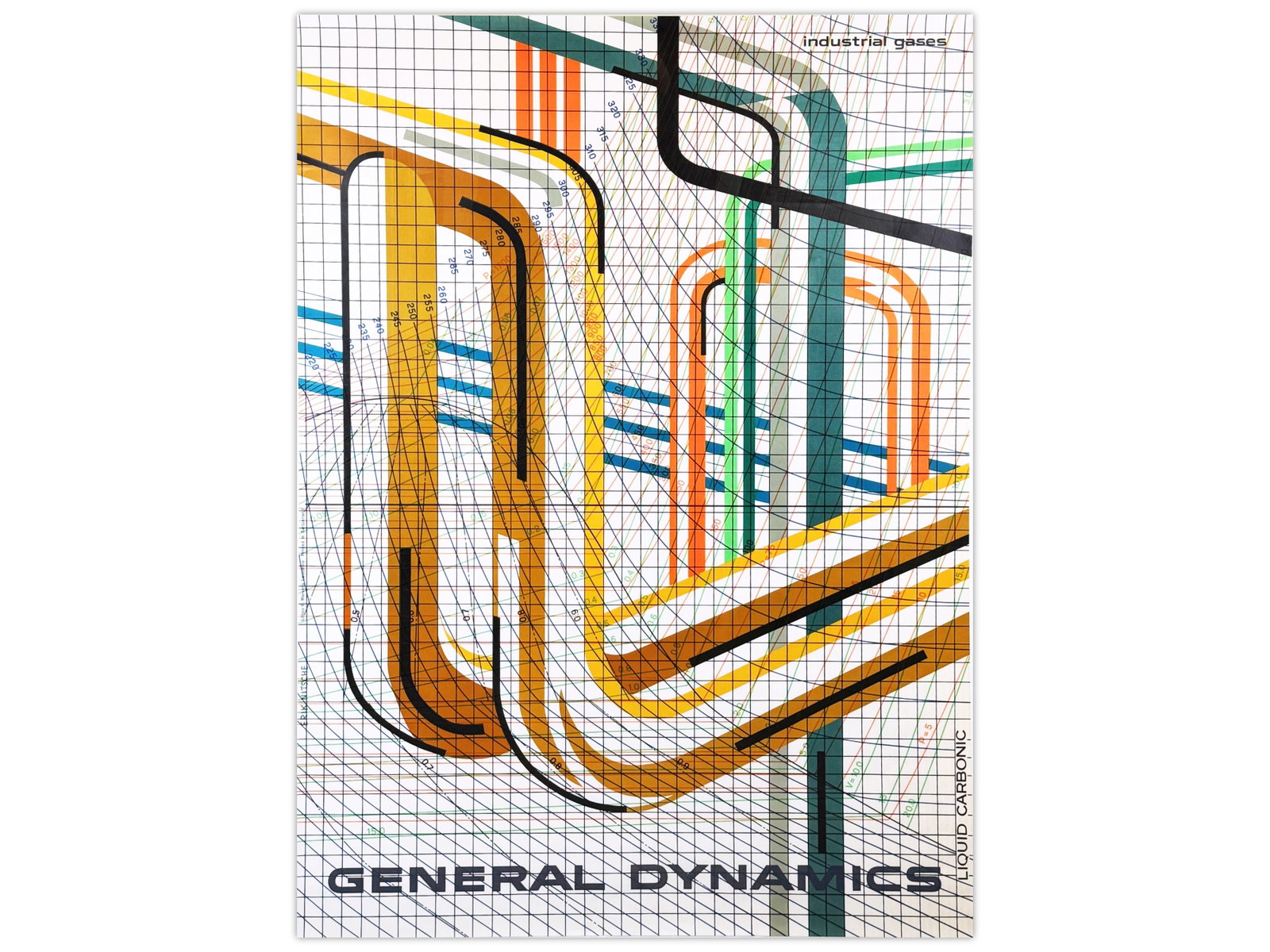 General Dynamics Industrial Gases Poster by Erik N: Vintage General Dynamics poster designed by Erik Nitsche, one of the most influential modernist graphic designers of the mid-20th century. Titled "Liquid Carbonic - Industrial Gases," the design featu