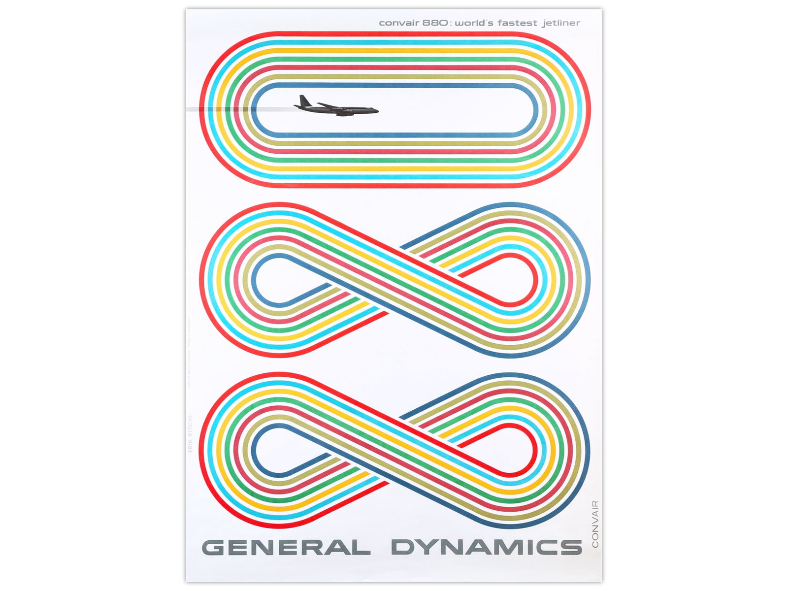General Dynamics Convair 880 Poster by Erik Nitsch: Vintage General Dynamics poster designed by Erik Nitsche, one of the most influential modernist graphic designers of the mid-20th century. Titled "Convair 880: World?s Fastest Jetliner," the design fe