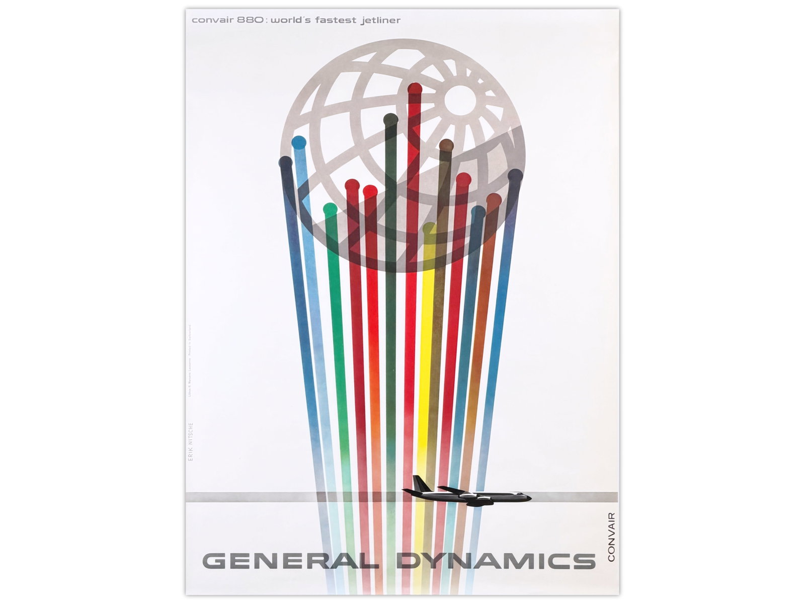 General Dynamics Convair 880 Poster by Erik Nitsch: Vintage General Dynamics poster designed by Erik Nitsche, one of the most influential modernist graphic designers of the mid-20th century. Titled "Convair 880: World?s Fastest Jetliner," the design fe