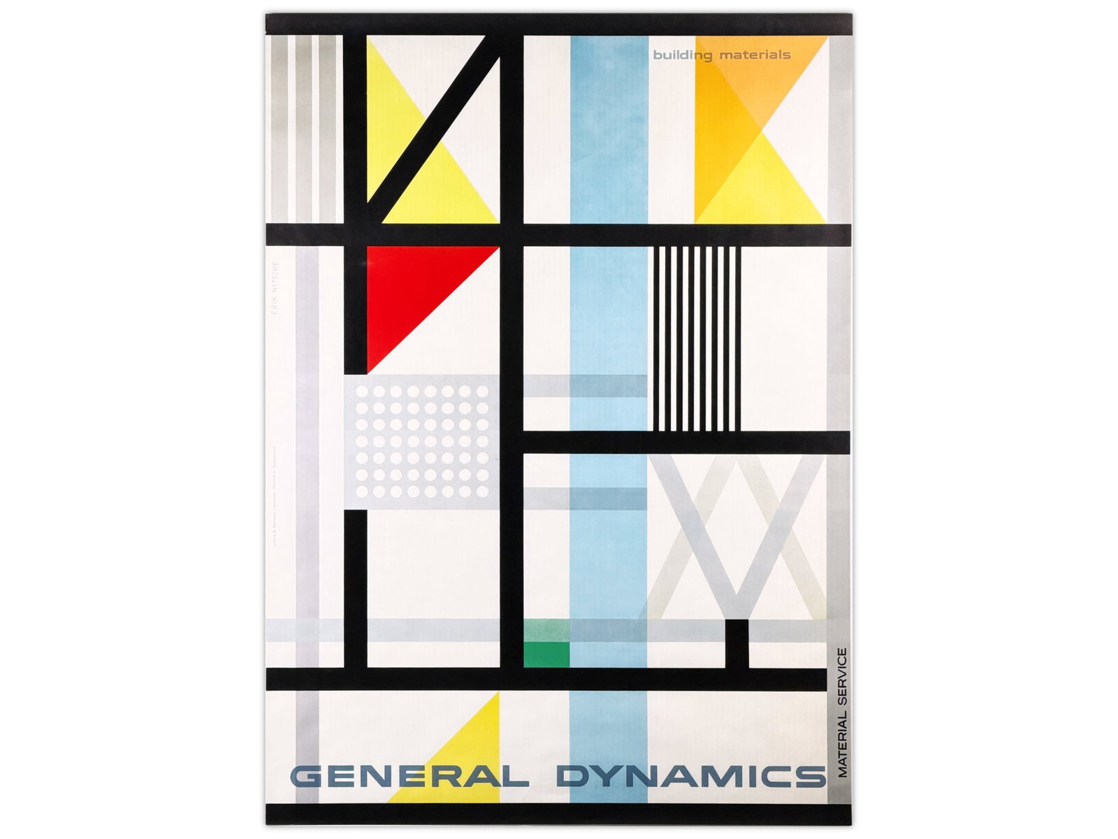General Dynamics Building Materials Poster by Erik: Vintage General Dynamics poster designed by Erik Nitsche, one of the most influential modernist graphic designers of the mid-20th century. Titled "Building Materials - Material Service," the design fe