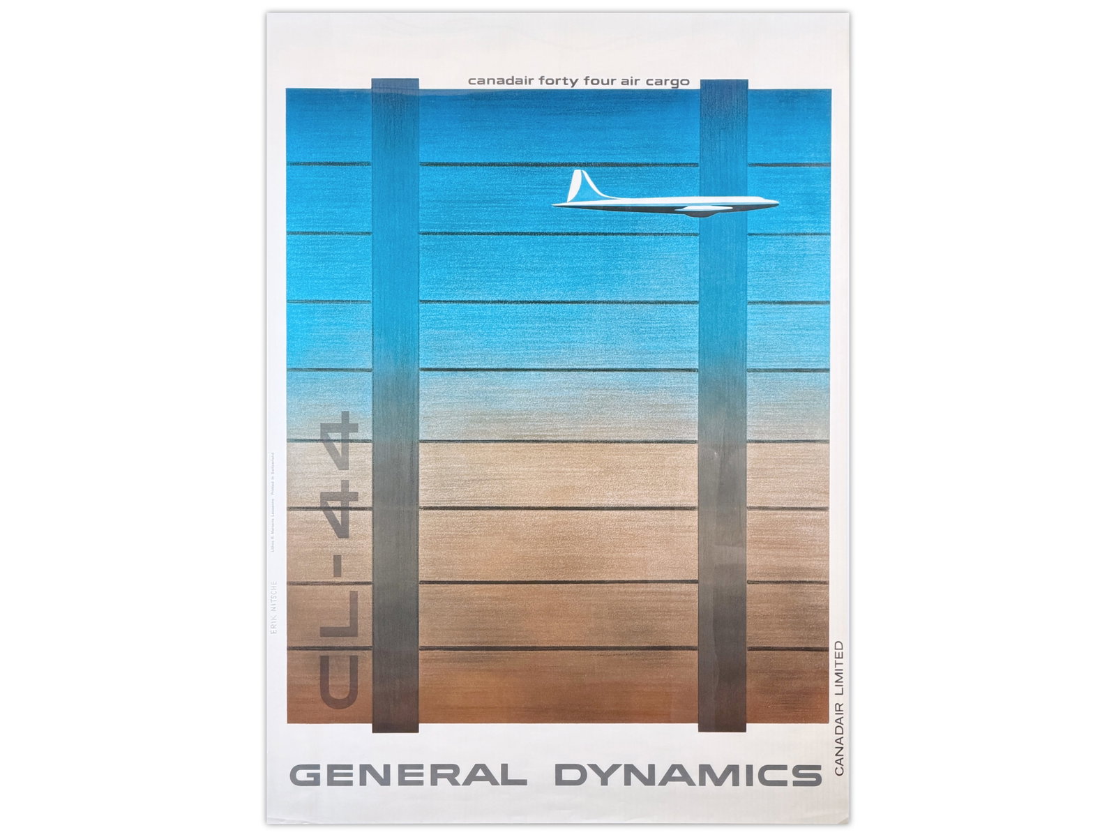 General Dynamics CL-44 Poster by Erik Nitsche: Vintage General Dynamics poster designed by Erik Nitsche, one of the most influential modernist graphic designers of the mid-20th century. Titled "CL-44 - Canadair Forty Four Air Cargo," the design