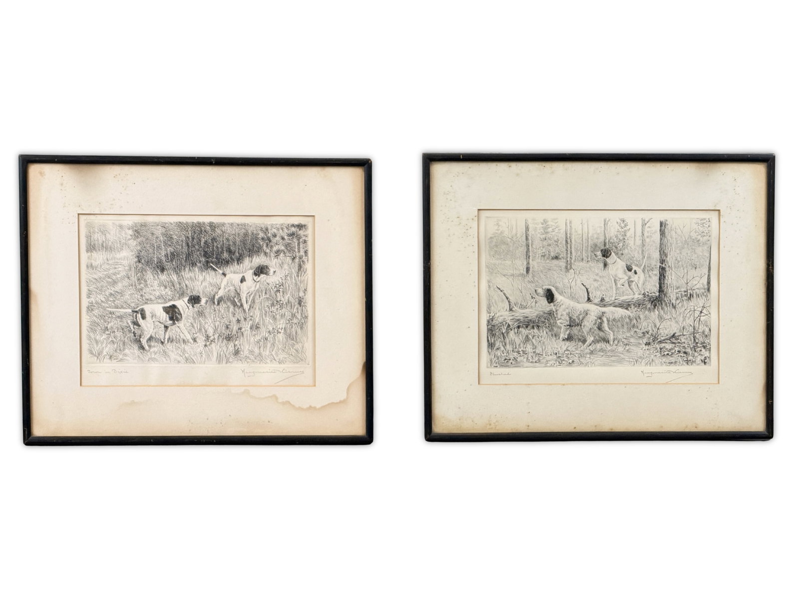Marguerite Kirmse, 2 Signed Etchings: Offered are (2) signed etchings by Marguerite Kirmse, titled "Flushed" and "Down in Dixie". Both are pencil signed lower right, and pencil titled. Sight seen of each is approx. 11" x 7", overall