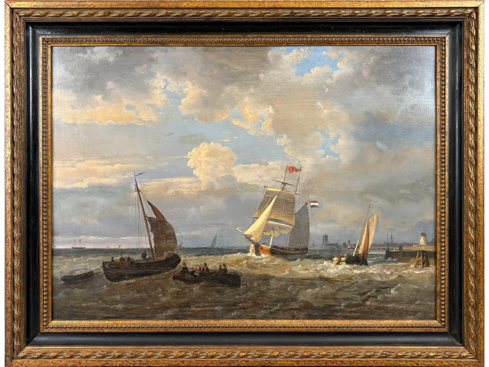 Egidius Linnig, Marine Oil on Panel Painting: Offered is a 19th century oil on wood marine painting by Egidius Linnig (1821-1860) depicting sailing vessels and figures navigating choppy coastal waters beneath dramatic cloud-filled skies. Signed