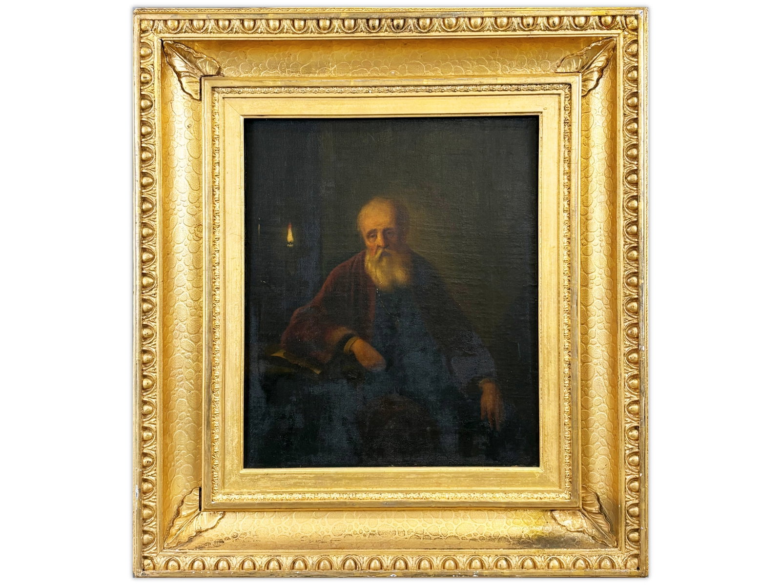 Attr. Gottfried van Schalken, Portrait Painting: Oil on canvas portrait painting depicting an elderly bearded gentleman seated beside a dimly lit candle in an interior setting, rendered in the manner of Dutch Old Master portraiture. Unsigned,