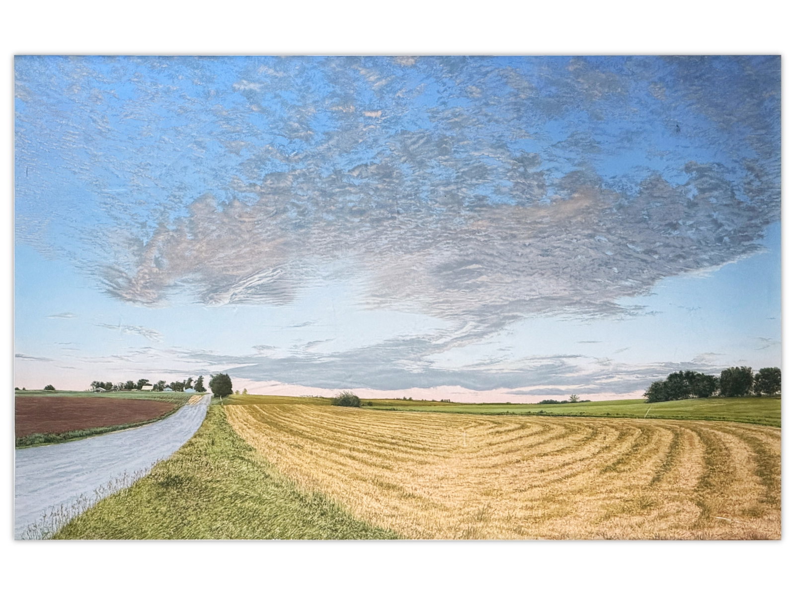George Atkinson, Illinois Landscape Pastel: Large pastel on paper landscape by George Atkinson (American, b. 1949), depicting an expansive Illinois rural scene with harvested fields beneath a dramatic cloud-filled sky. Signed lower right and