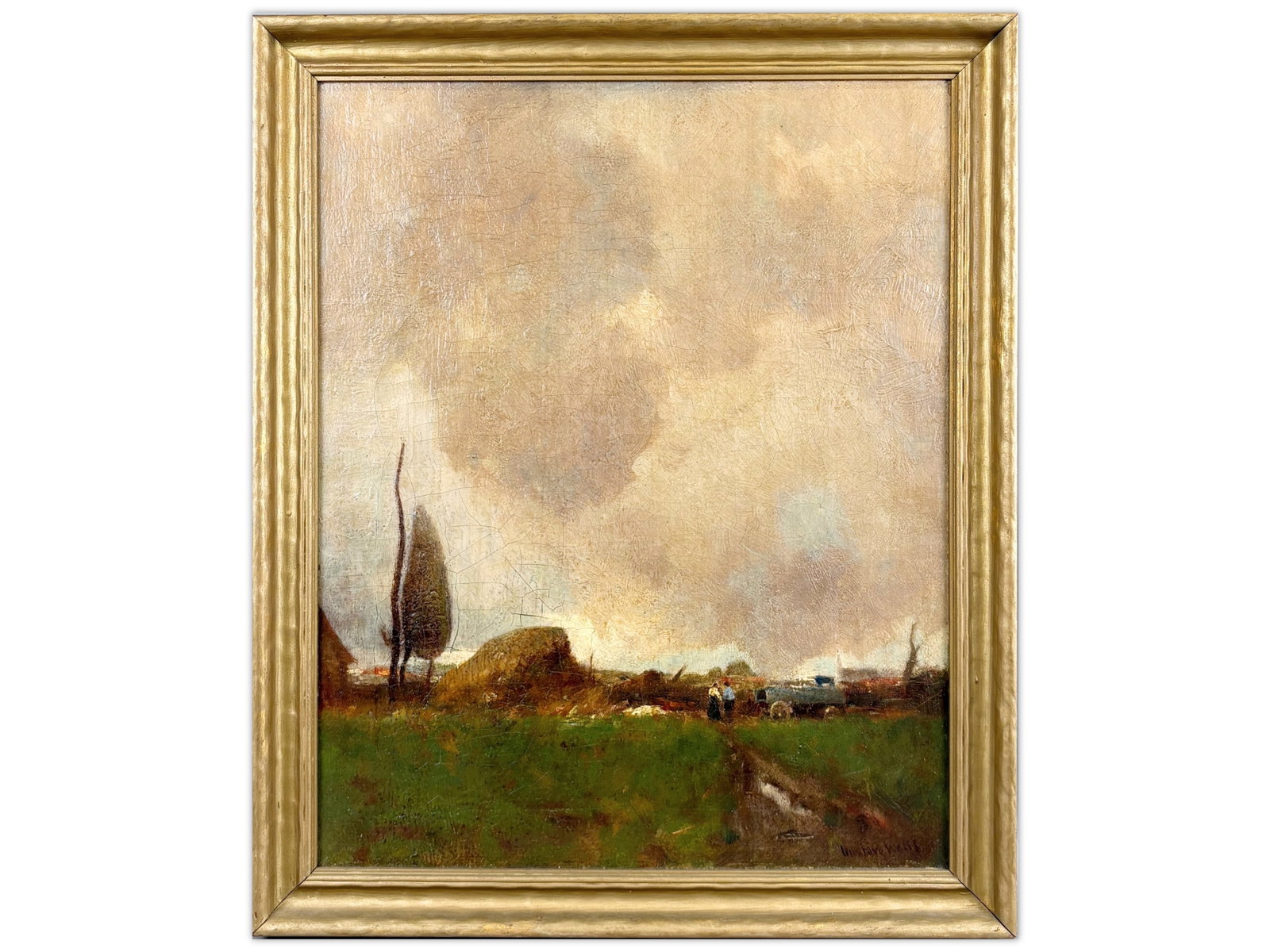 Gustav Wolff, Rural Landscape O/C Painting: Oil on canvas rural landscape by Gustav Wolff (German, 1863-1935), depicting figures along a country path beneath an expansive cloud-filled sky with distant farm structures and trees. Signed lower