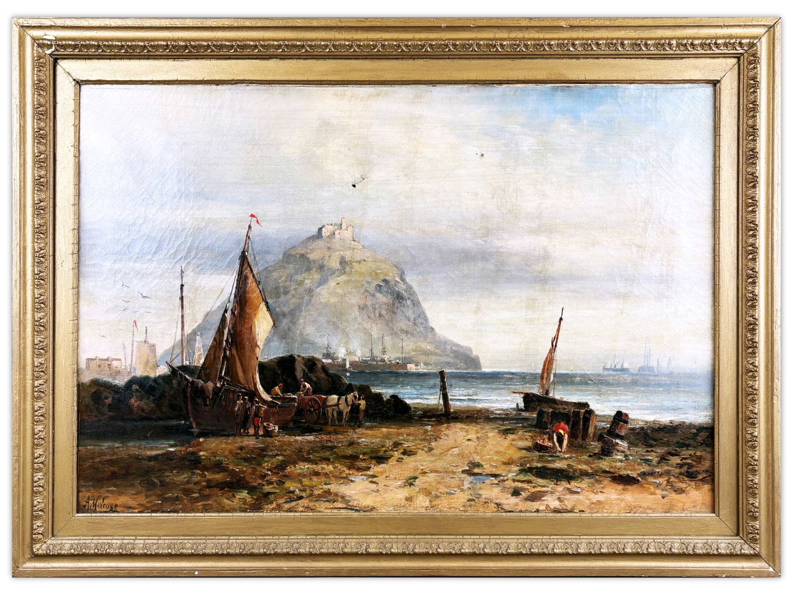 Andrew W. Melrose, Coastal Harbor Scene O/C: Oil on canvas coastal landscape painting by Andrew W. Melrose (Scottish, 1836-1901), depicting fishing boats gathered along a shoreline beneath a rocky promontory topped with castle ruins. The