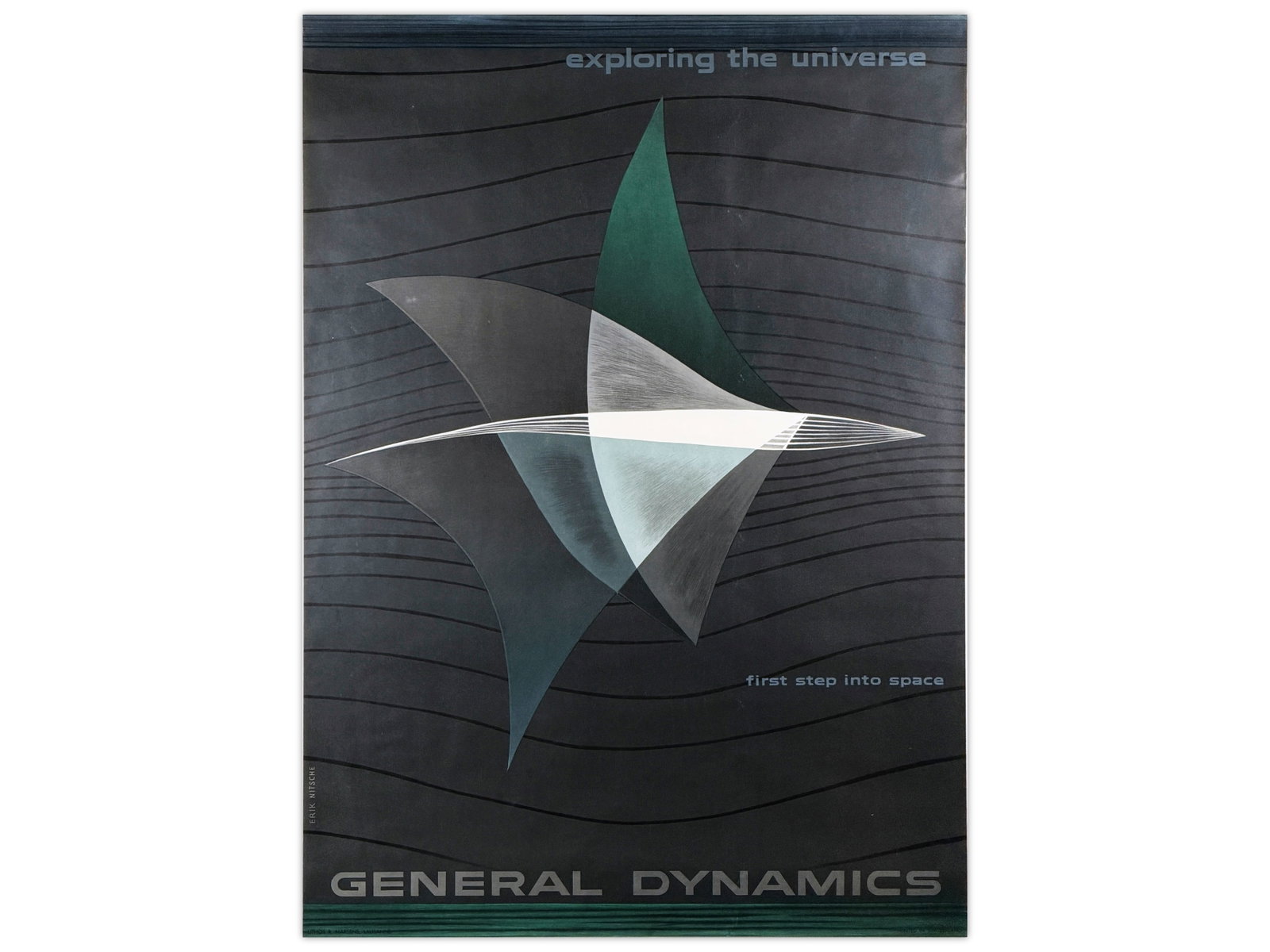 General Dynamics Worlds Without Ends Poster: Vintage General Dynamics poster designed by Erik Nitsche, one of the most influential modernist graphic designers of the mid-20th century. Titled "Exploring the Universe - Worlds Without End", the