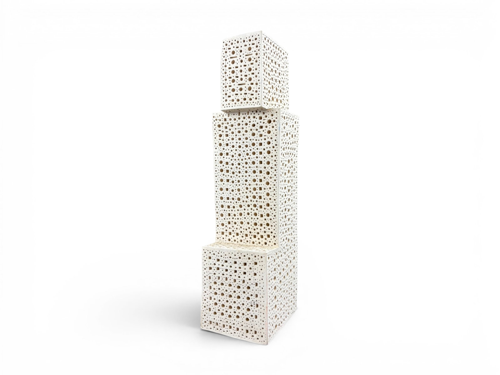 Alexander Ney Terracotta Geometric Sculpture: Tall geometric terracotta sculpture by Alexander Ney (Russian/American, 1939-2022), composed of stacked rectilinear architectural forms with the artist?s signature perforated and carved surface