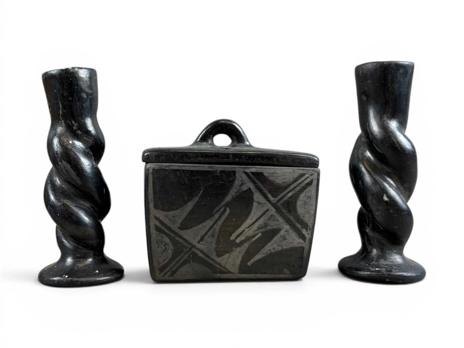 Native American Black Pottery Candlesticks & Box (1 of 10)