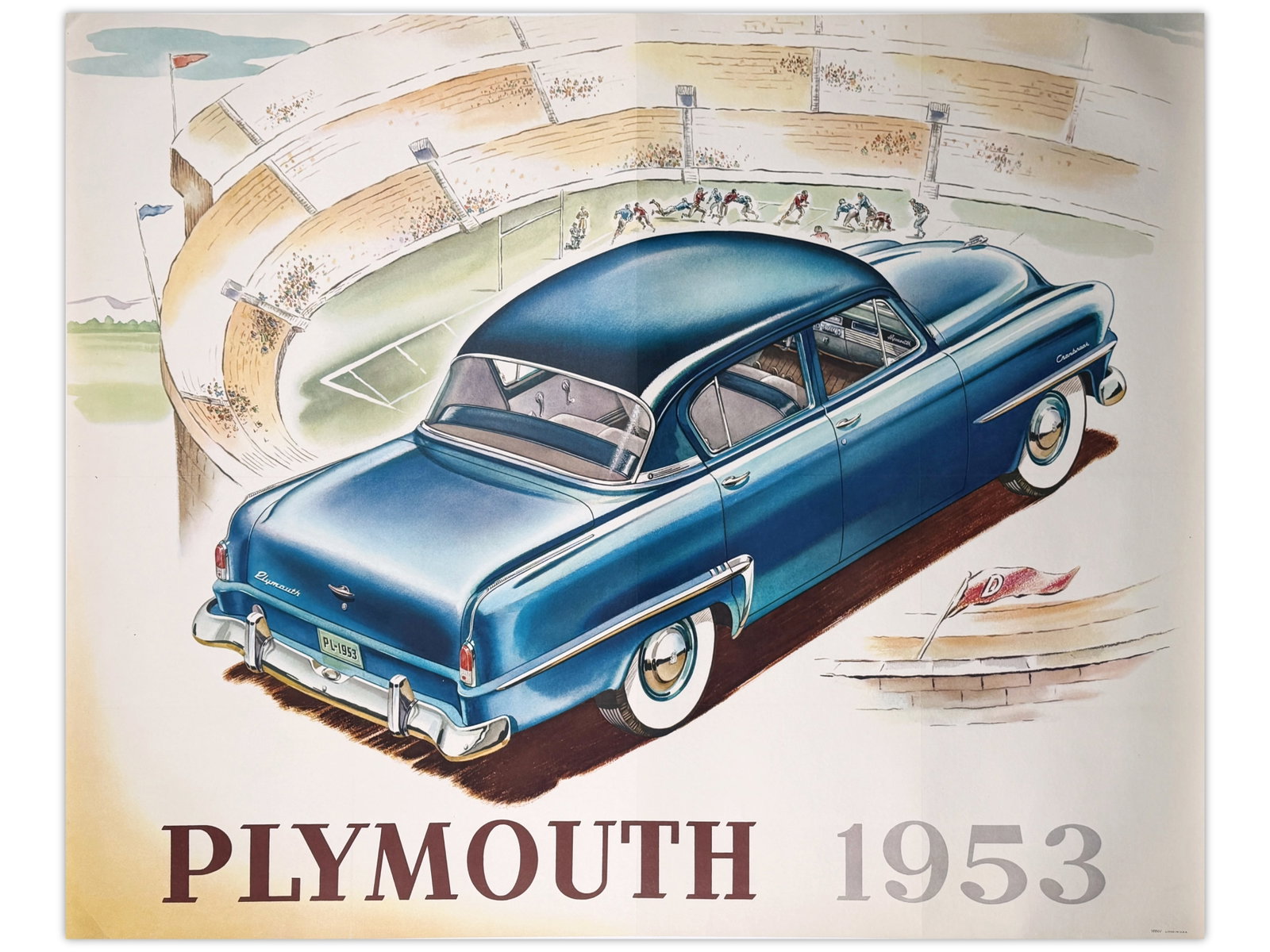 1953 Plymouth Cranbrook Advertising Poster: Vintage 1953 Plymouth advertising poster featuring a striking illustration of a blue Plymouth Cranbrook sedan positioned before a stadium backdrop. The large-format design highlights the streamlined s