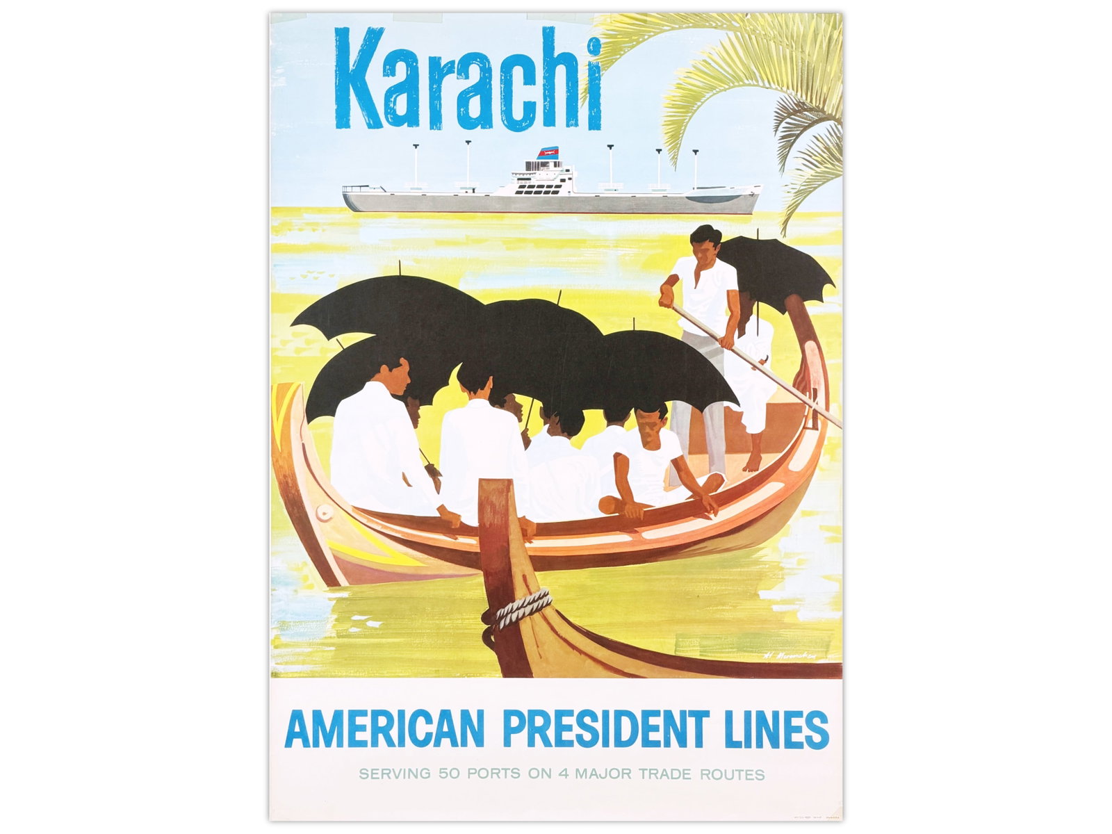 American President Lines Karachi Poster: Vintage travel poster for American President Lines promoting Karachi, featuring a colorful harbor scene with figures aboard a small boat in the foreground and an American President Lines cargo vessel 