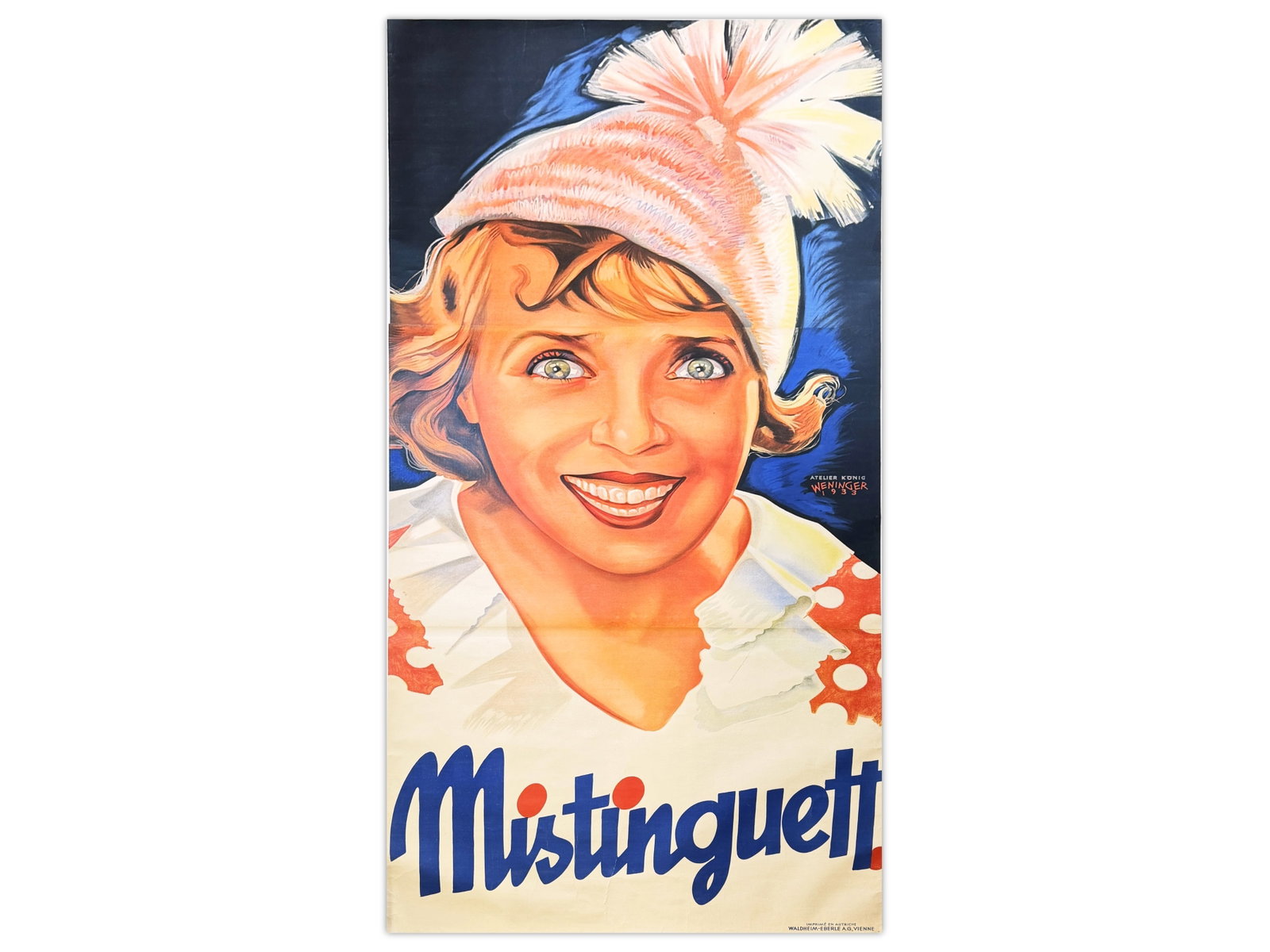 Weninger, "Mistinguett" 3 Sheet Poster: Large-format vintage advertising poster for French entertainer Mistinguett, featuring a striking portrait of the celebrated performer in a feathered cap against a deep blue background. Designed by Ate