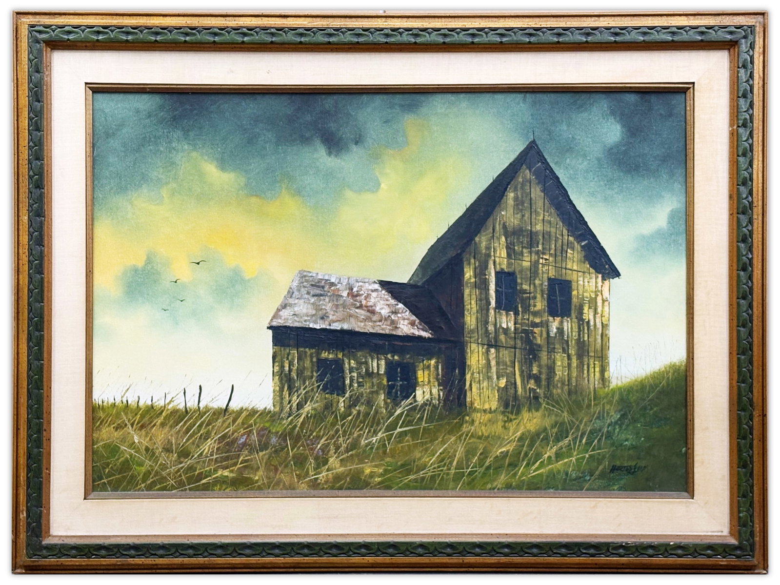 Hector Salas, Oil on Canvas Rural Barn Landscape: Oil on canvas by Hector Salas (Argentine, b. 1926), depicting a weathered rural barn set amid tall grasses beneath a dramatic sky. Signed lower right. Sight seen approx. 35-1/2" x 24", overall frame s