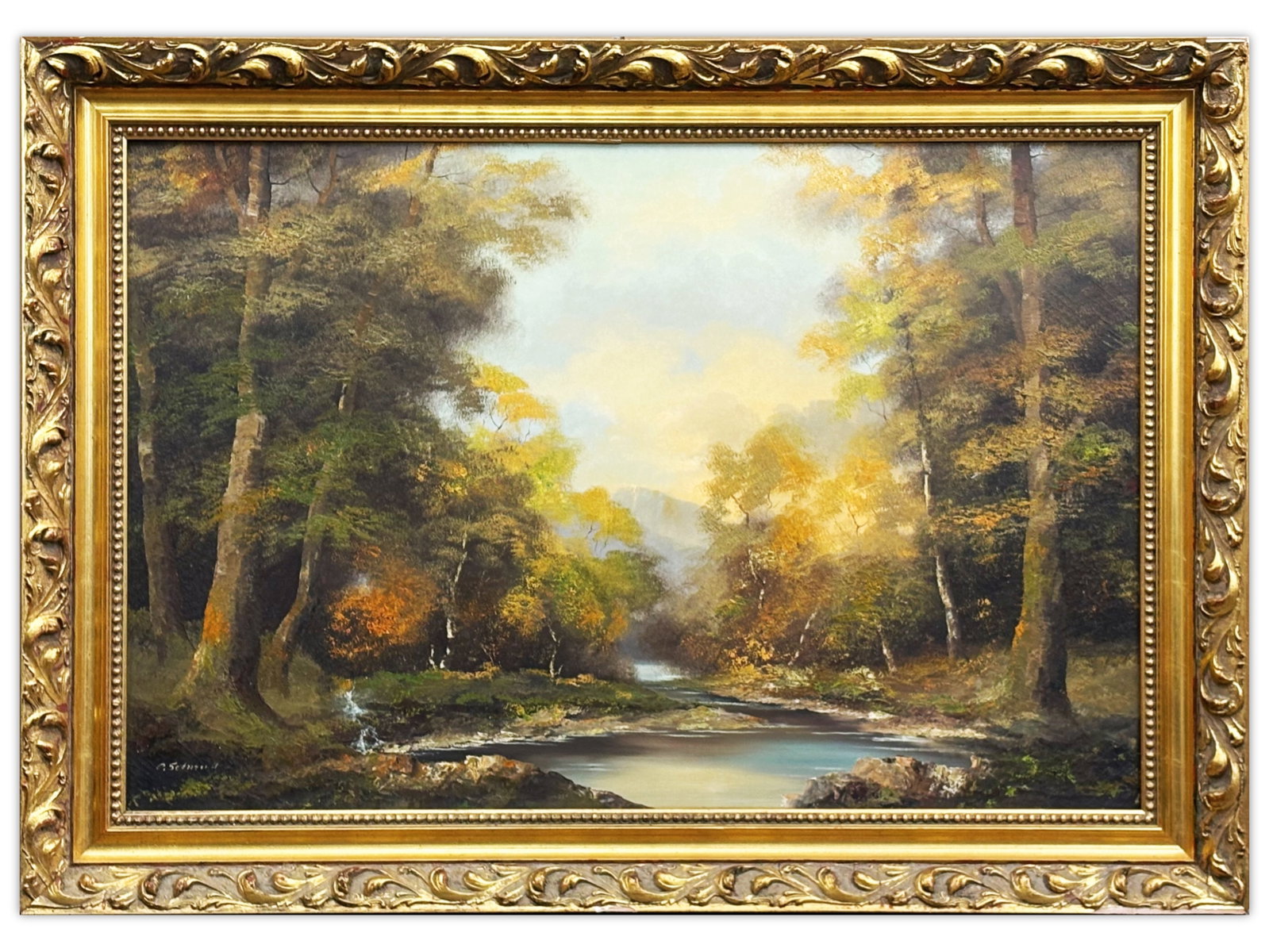 German Forest River Landscape Oil on Canvas: Artist-signed German landscape oil on canvas depicting a tranquil wooded river scene with autumnal foliage and distant mountains under a softly illuminated sky. Signed lower left, though signature is 