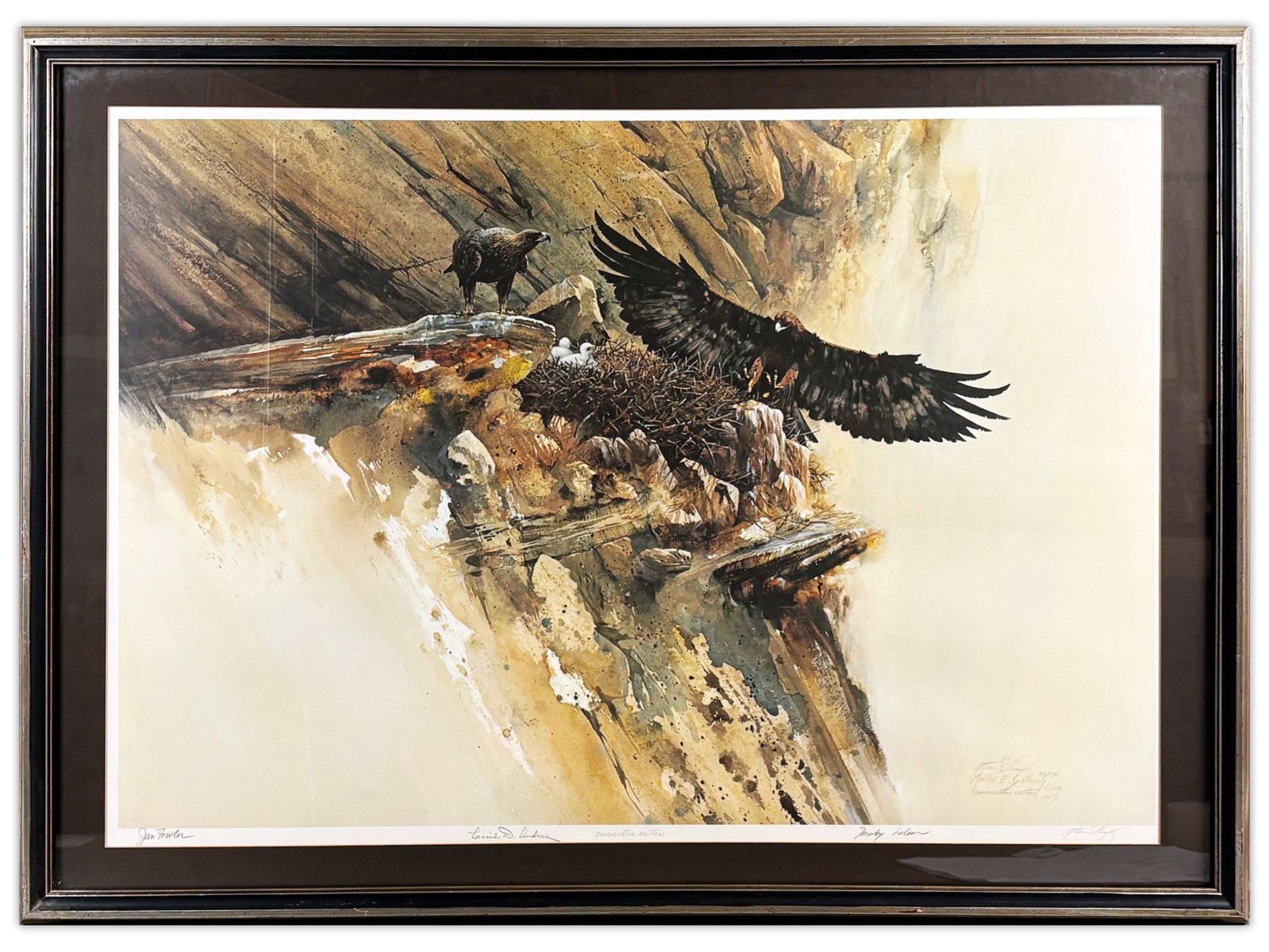 Morten Solberg, Monarch of the Sky, Golden Eagle: Morten E. Solberg (American, b. 1935) "Monarch of the Sky - Golden Eagle" color photolithograph, 1986, depicting a dramatic golden eagle nesting scene on a rocky cliff with one eagle in flight and ano