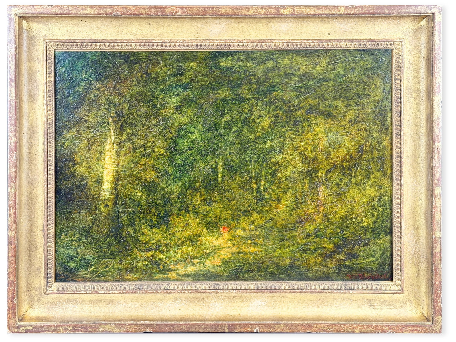 Ralph Albert Blakelock, "Boy in Red Shirt" O/C: Oil on canvas titled "Boy in Red Shirt" by American artist Ralph Albert Blakelock (1847-1919). Signed lower right. The composition depicts a luminous woodland landscape with a small figure in a bright