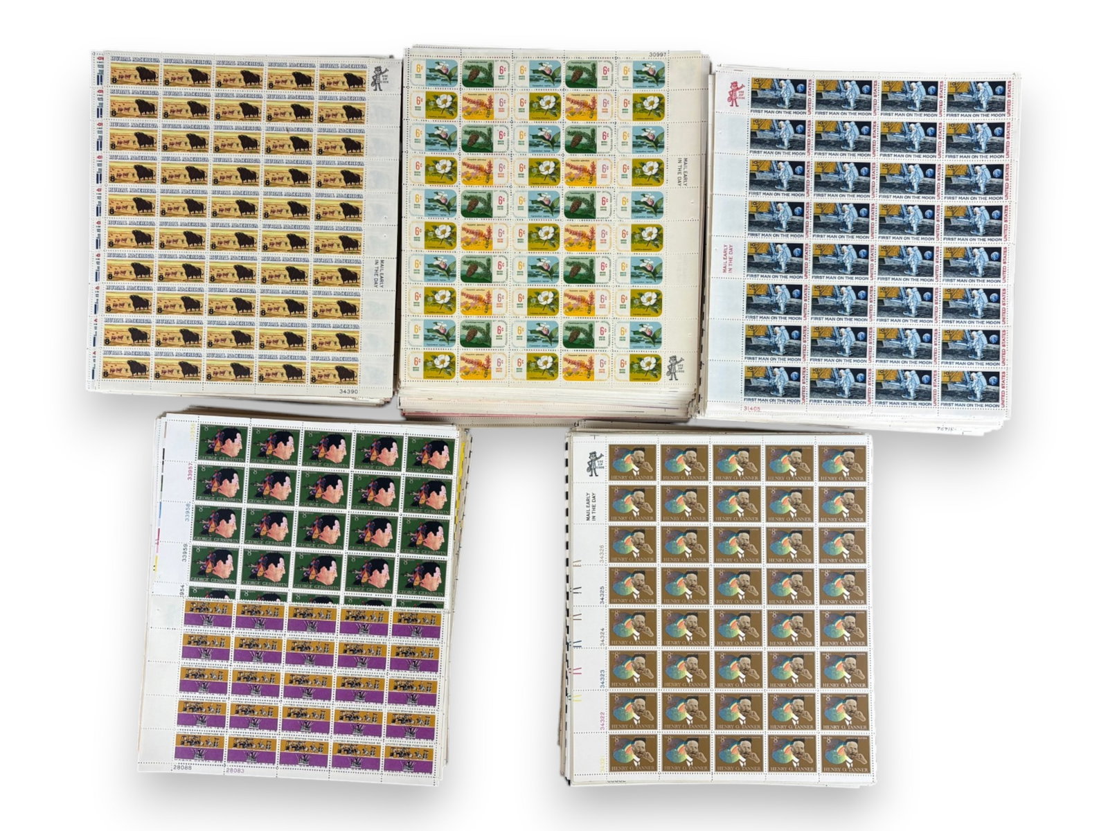 U.S. Face Value Estate Hoard: Hundreds of U.S. complete mint sheets. Denominations mostly 6 cent, 8 cent, 10 cent and higher including some airmails and definitive issues. Huge face value in excess of $8000. worth examining. Shipp