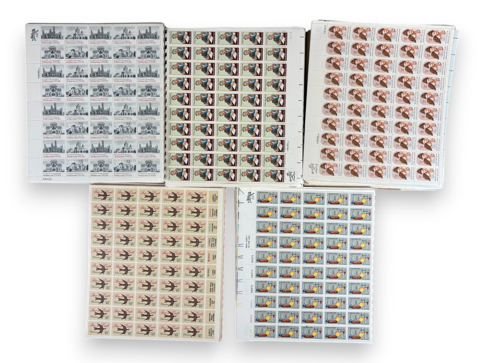 U.S. Face Value Estate Hoard: Hundreds of U.S. complete mint sheets. Denominations mostly 10 cent, 15 cent, 18 cent and higher including some airmails and definitive issues. Huge face value in excess of $6500. worth examining.