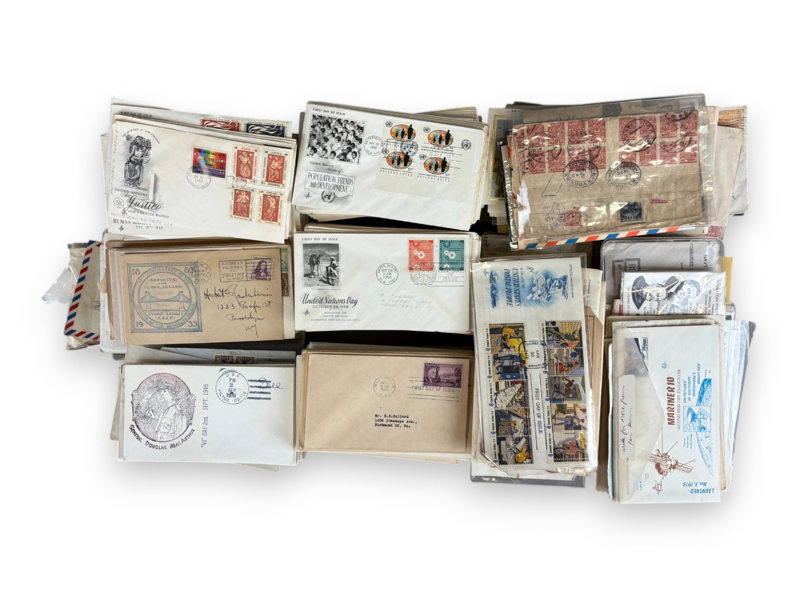 Box of Covers, U.S., U.N. & Foreign: Cube-sized box packed with covers, postal history, some loose stamps, and miscellaneous ephemera, unsorted and unpicked from a longtime Long Island collector?s estate. Includes U.S. covers, United