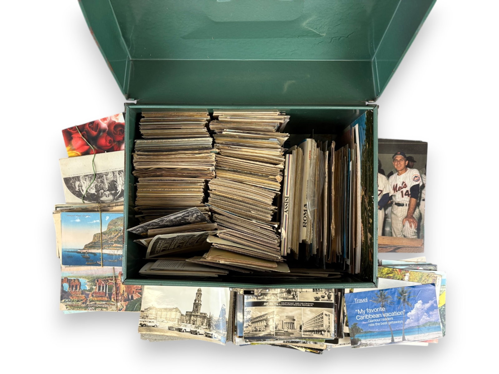 Metal Box of Vintage Postcards: Metal file box loaded with hundreds of postcards, completely unpicked and unsorted. Includes U.S. and foreign cards ranging from vintage to more modern issues, with city views, tourist cards, topograp
