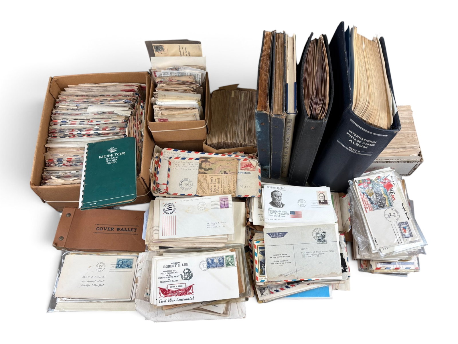 Carton of Covers, FDCs & Aviation: Huge carton loaded with stamps and covers from the estate of a longtime collector. Stamp albums are sparsely filled with generally minimal value material, while the covers include 19th and 20th