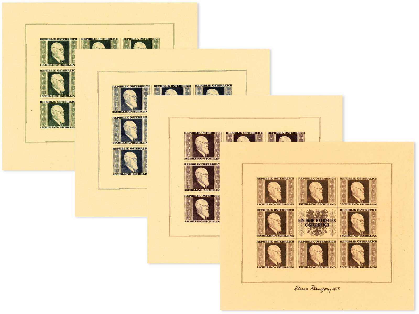 Austria B185-188 Renner Souvenir Sheets: Austria Scott B185-B188 Renner souvenir sheets, complete set of four. Mint never hinged. An attractive and desirable postwar Austrian souvenir sheet set. Shipping: Weiss Auctions offers full-service,