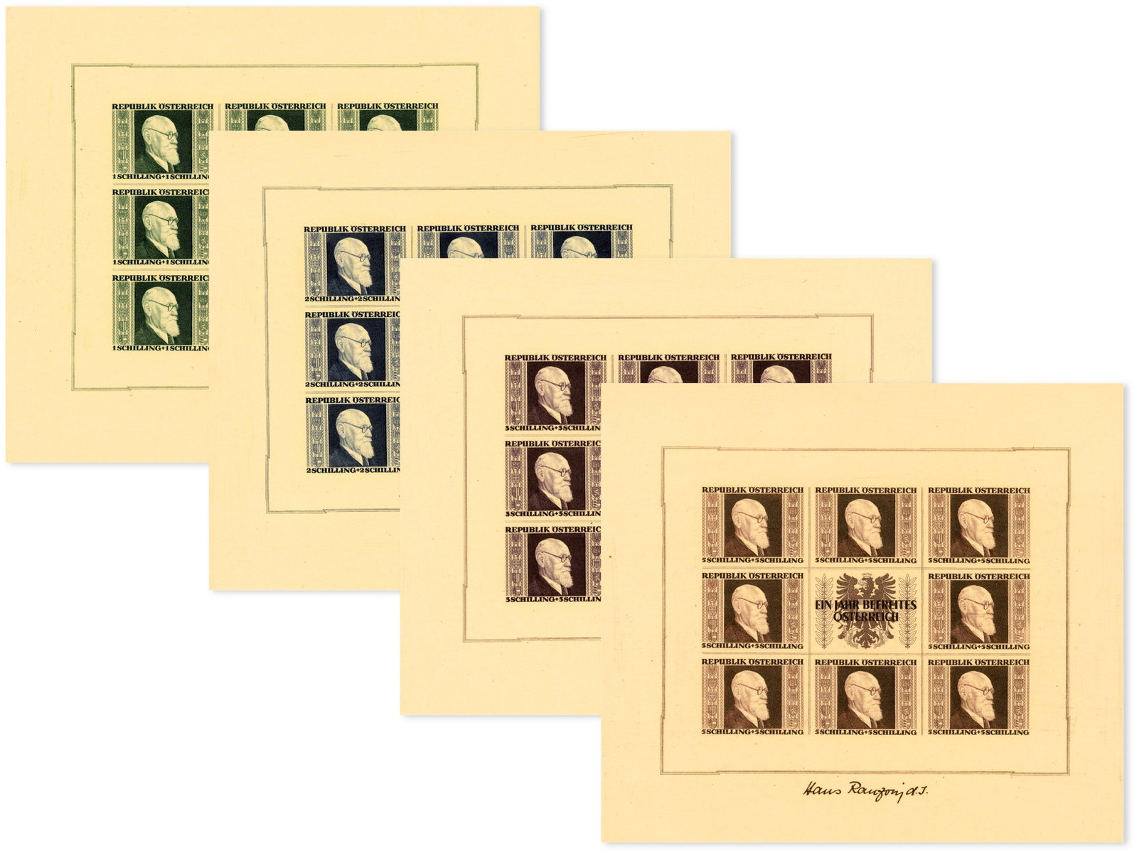 Austria B185-188 Renner Souvenir Sheets: Austria Scott B185-B188 Renner souvenir sheets, complete set of four. Mint never hinged. An attractive and desirable postwar Austrian souvenir sheet set. Shipping: Weiss Auctions offers full-service,