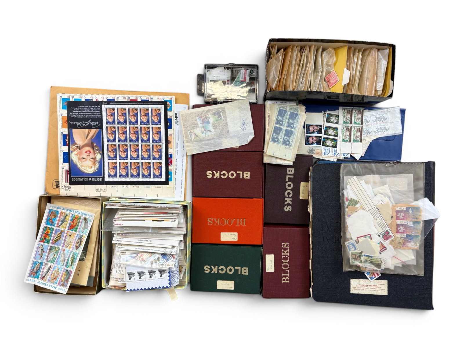 World Wide Estate Stamp Lot as Received: Interesting Old Time Stamp collection in (8) boxes. Lot includes 8 Master Global Albums with some useful mint and used sets and singles. Quantity of Mint US sheets and plate blocks, Nice Album of