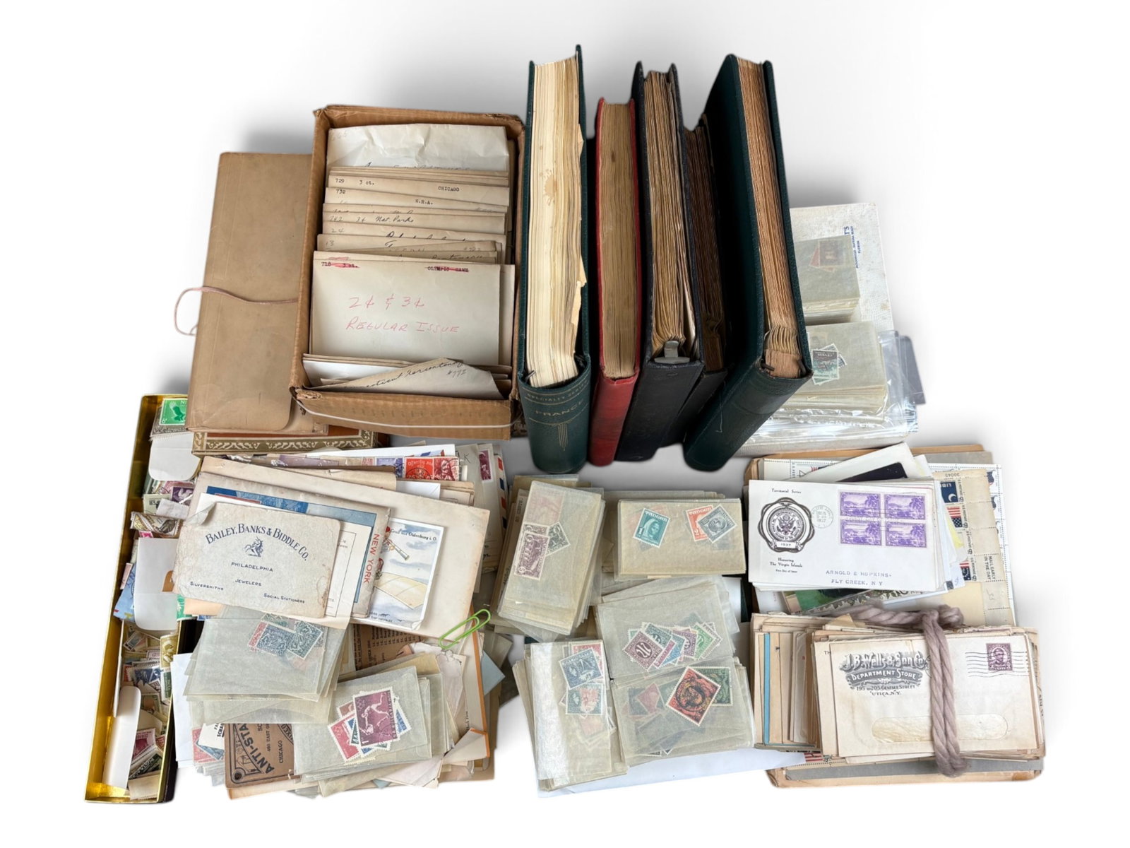 Interesting World Wide Collection: Estate collection in Two Tote Tubs with thousands of mint and used sets and singles in glassine envelopes, stock pages and Albums. Includes French collection in Scott specialty album. Mostly Europe